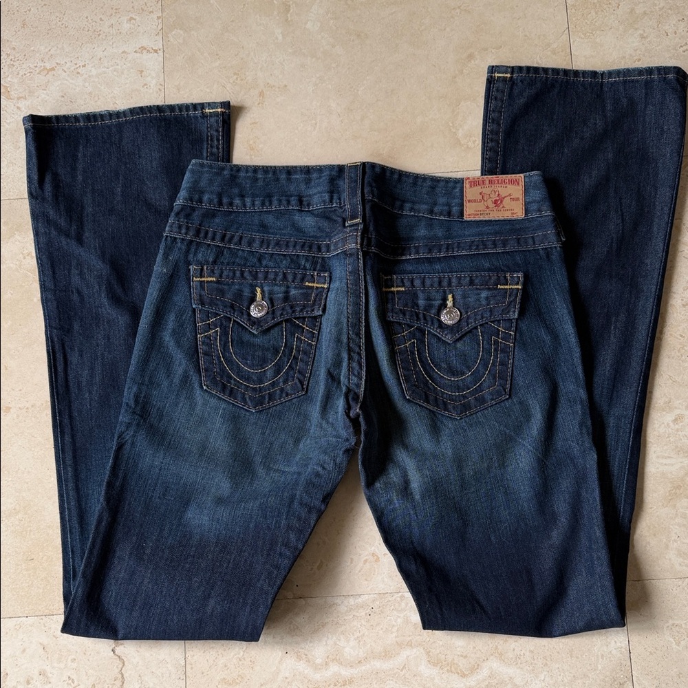 True Religion Becky Dark Blue Jeans with Gold Stitching